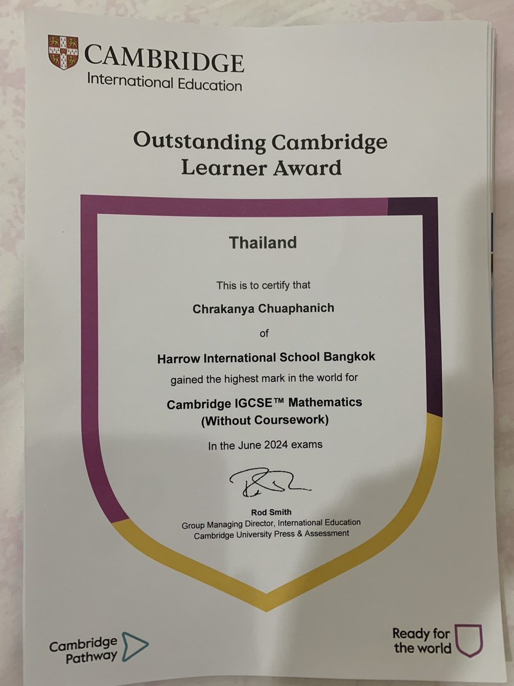 Outstanding Cambridge Learner Award certificate