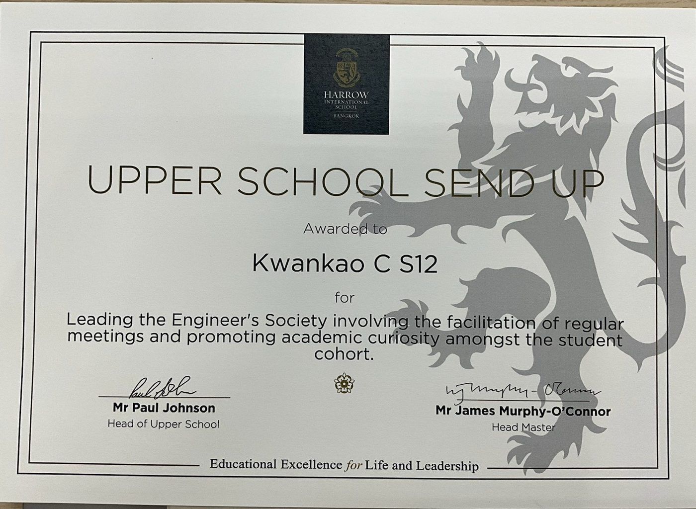 Upper School Send Up certificate for leading the Engineering Society