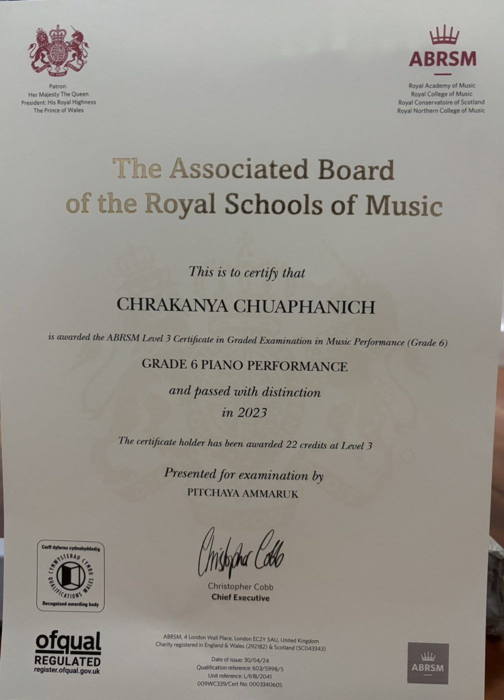 ABRSM Grade 6 Piano certificate