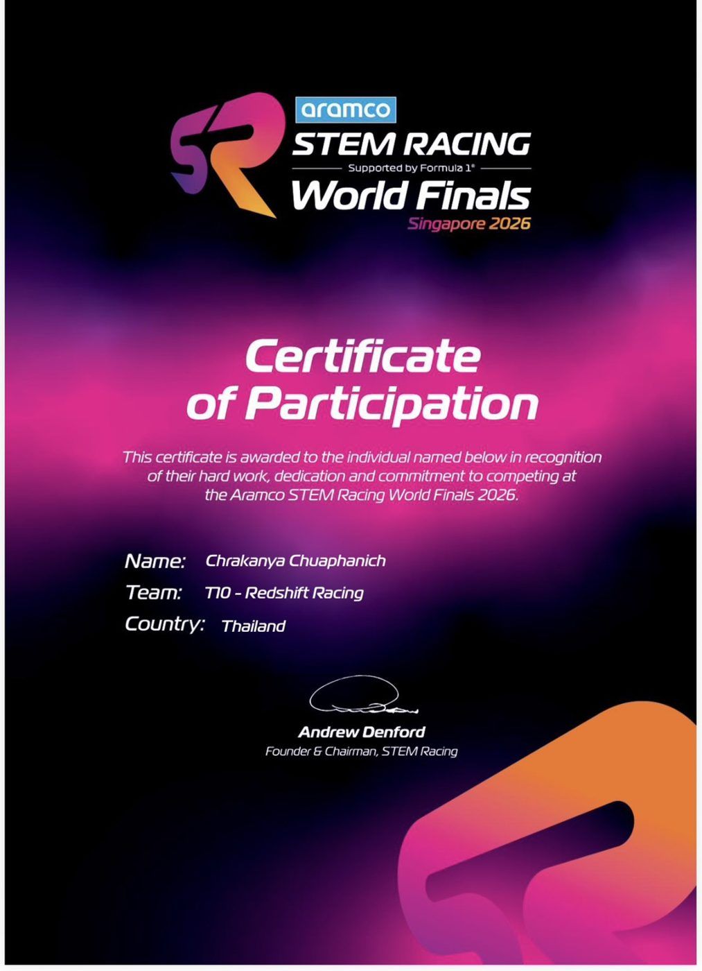 STEM Racing World Finals certificate